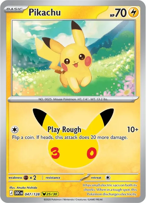 Pikachu #047/128 Holofoil Pokémon card from 30th Celebration