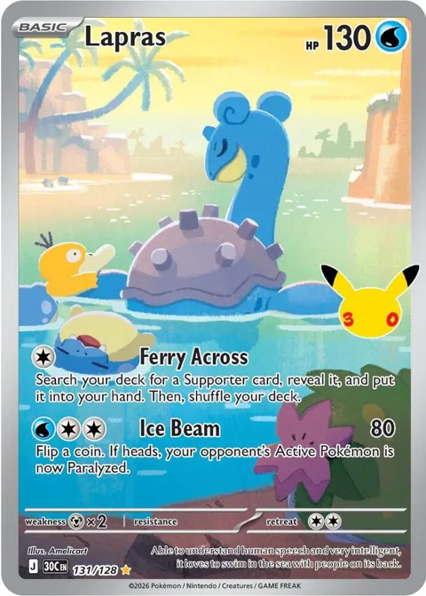 Lapras #131/128 Holofoil Pokémon card from 30th Celebration