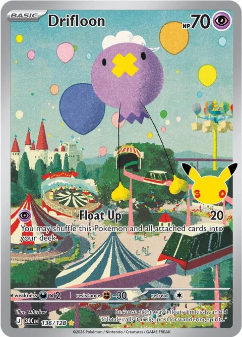 Drifloon #136/128 Holofoil Pokémon card from 30th Celebration