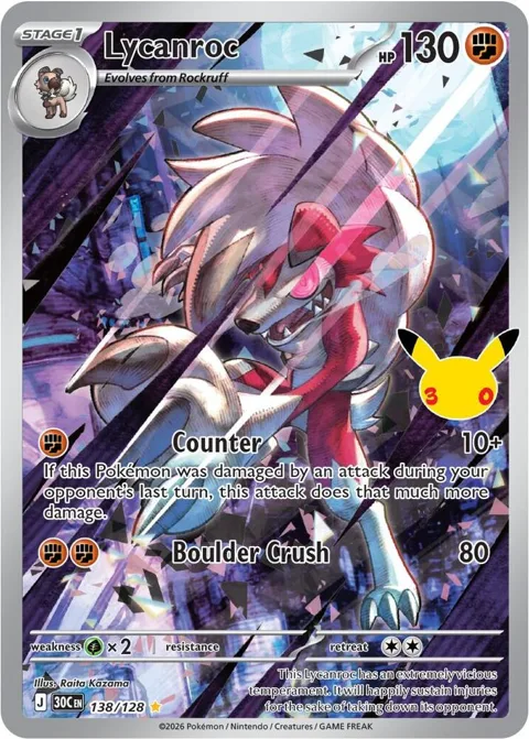 Lycanroc #138/128 Holofoil Pokémon card from 30th Celebration