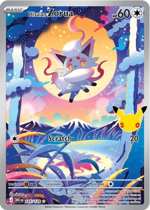 Hisuian Zorua #145/128 Holofoil Pokémon card from 30th Celebration