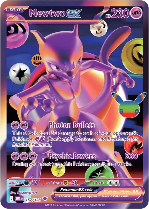 Mewtwo ex #157/128 Holofoil Pokémon card from 30th Celebration