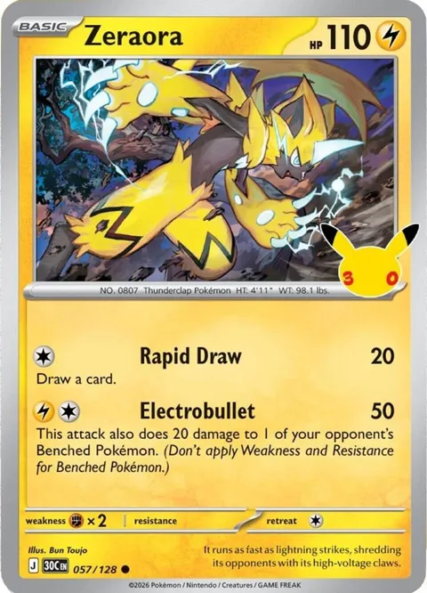 Zeraora #057/128 Holofoil Pokémon card from 30th Celebration