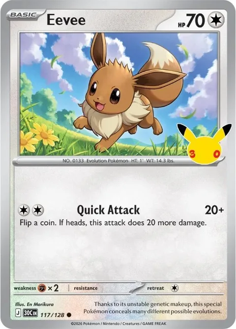 Eevee #117/128 Holofoil Pokémon card from 30th Celebration