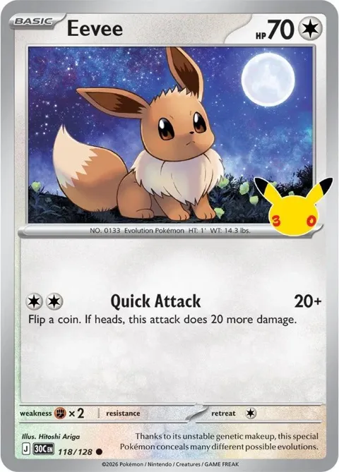 Eevee #118/128 Holofoil Pokémon card from 30th Celebration