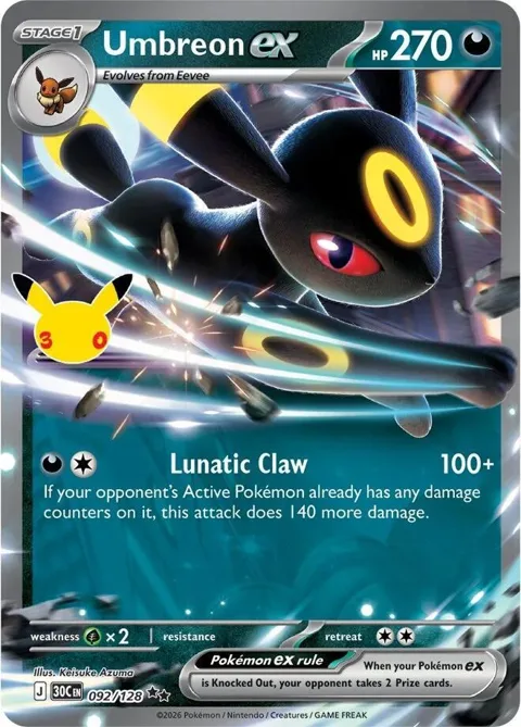 Umbreon ex #092/128 Holofoil Pokémon card from 30th Celebration