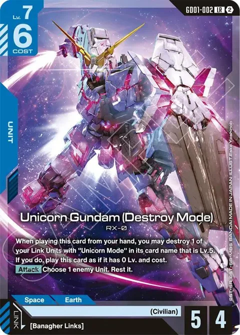 Unicorn Gundam Destroy Mode GD01-002 SC01 Gundam card from Deck Build Box Freedom Ascension