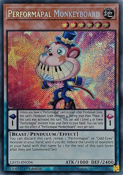 Performapal Monkeyboard Secret Rare LAVD-ENO04 Yu-Gi-Oh card from Legendary Arc-V Decks