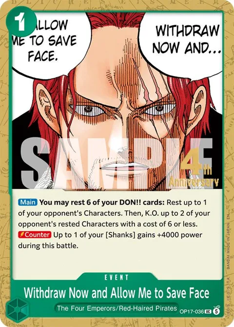 Withdraw Now and Allow Me to Save Face OP17-036 Pre-Release One Piece card from The World's Strongest Warriors Release Event Cards