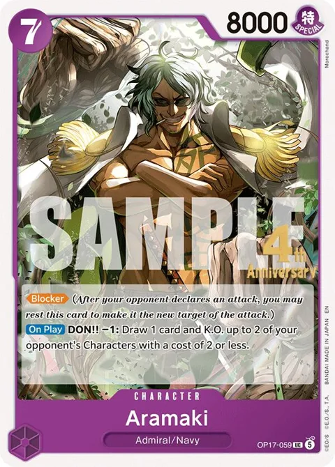 Aramaki OP17-059 Pre-Release One Piece card from The World's Strongest Warriors Release Event Cards