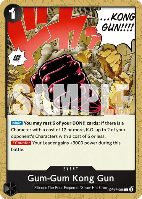 Gum-Gum Kong Gun OP17-098 Pre-Release One Piece card from The World's Strongest Warriors Release Event Cards