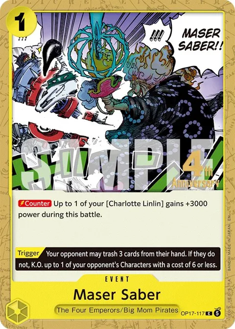 Maser Saber OP17-117 Pre-Release One Piece card from The World's Strongest Warriors Release Event Cards