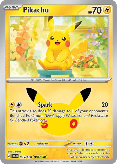 Pikachu #025/128 Holofoil Pokémon card from 30th Celebration
