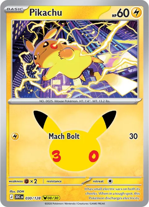 Pikachu #030/128 Holofoil Pokémon card from 30th Celebration