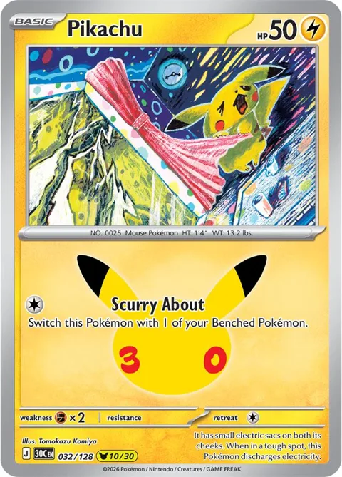 Pikachu #032/128 Holofoil Pokémon card from 30th Celebration