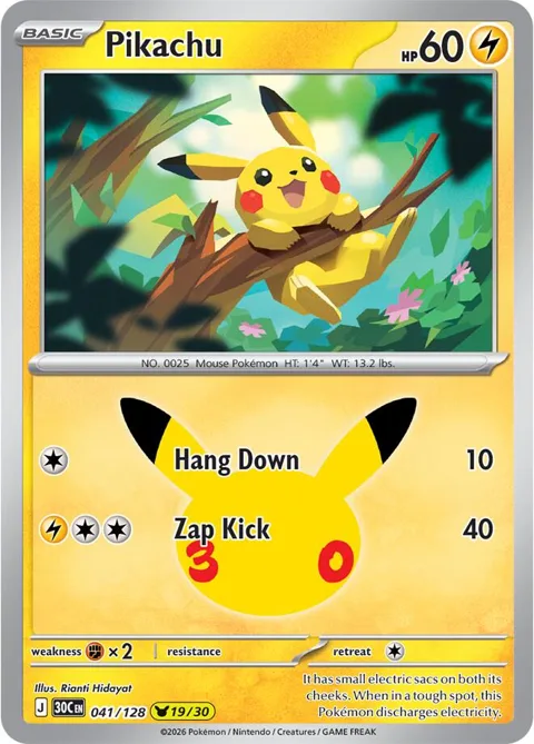 Pikachu #041/128 Holofoil Pokémon card from 30th Celebration