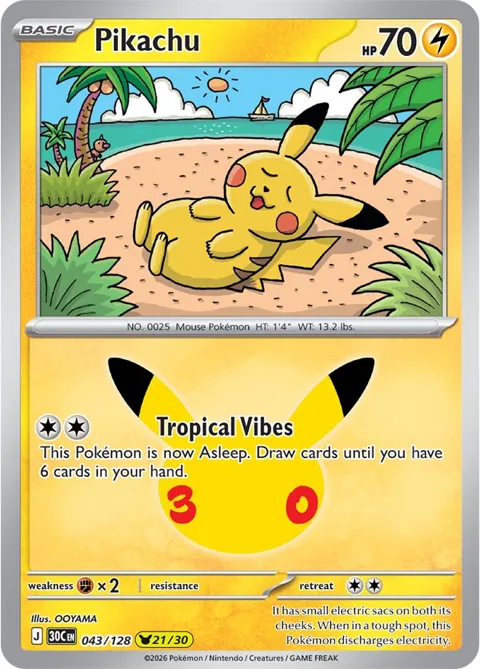 Pikachu #043/128 Holofoil Pokémon card from 30th Celebration