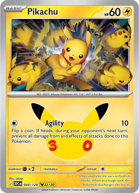 Pikachu #044/128 Holofoil Pokémon card from 30th Celebration