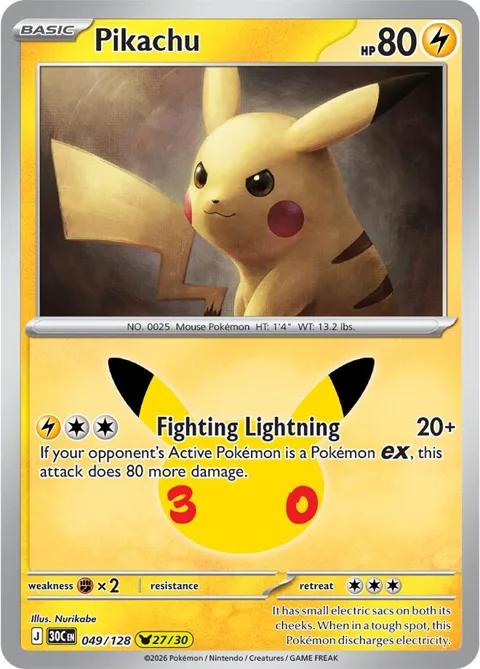 Pikachu #049/128 Holofoil Pokémon card from 30th Celebration