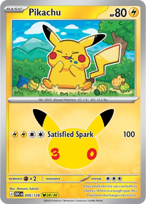 Pikachu #050/128 Holofoil Pokémon card from 30th Celebration