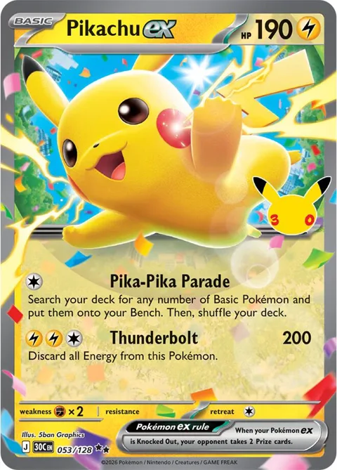 Pikachu ex #053/128 Holofoil Pokémon card from 30th Celebration