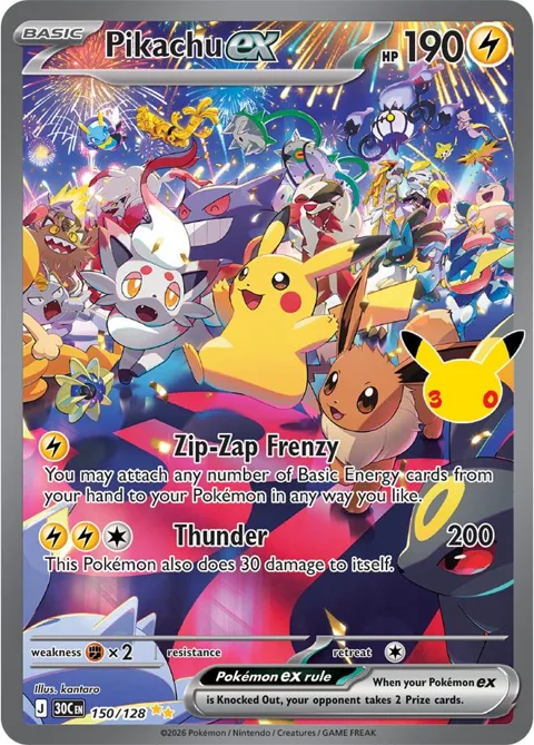 Pikachu ex #150/128 Holofoil Pokémon card from 30th Celebration