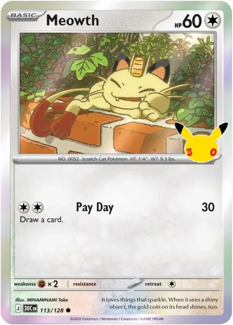 Meowth #113/128 Holofoil Pokémon card from 30th Celebration