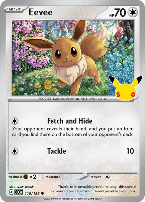 Eevee #116/128 Holofoil Pokémon card from 30th Celebration