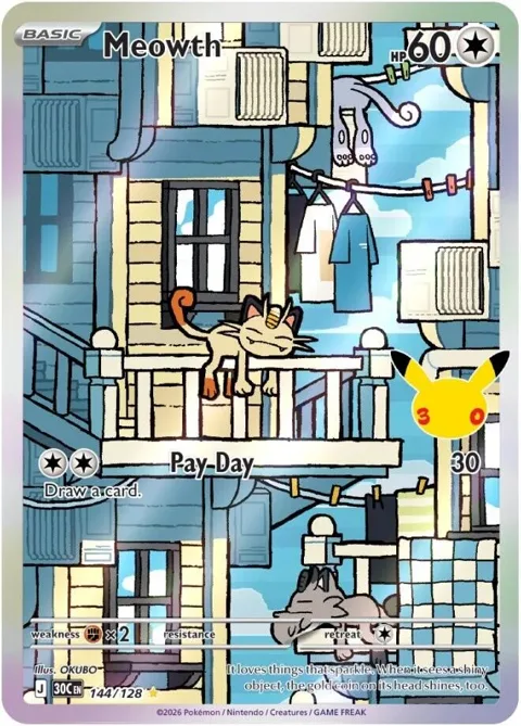 Meowth #144/128 Holofoil Pokémon card from 30th Celebration