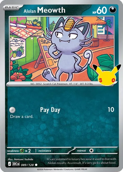 Alolan Meowth #089/128 Holofoil Pokémon card from 30th Celebration