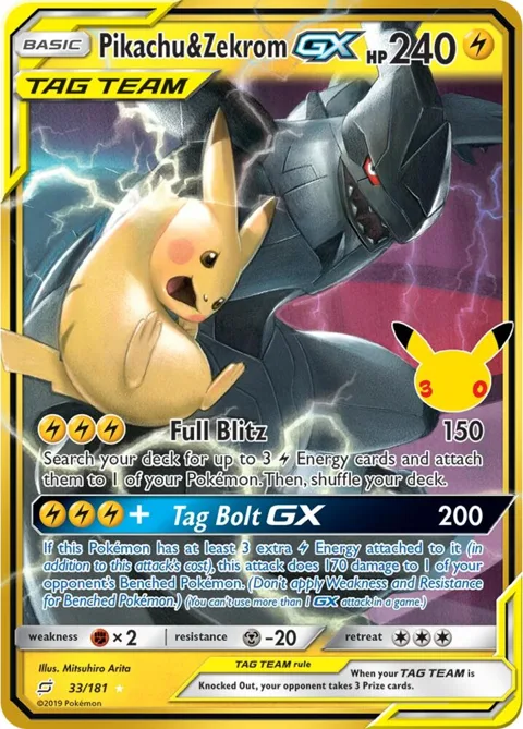 Pikachu & Zekrom GX #33/181 Holofoil Pokémon card from 30th Celebration Classic Collection