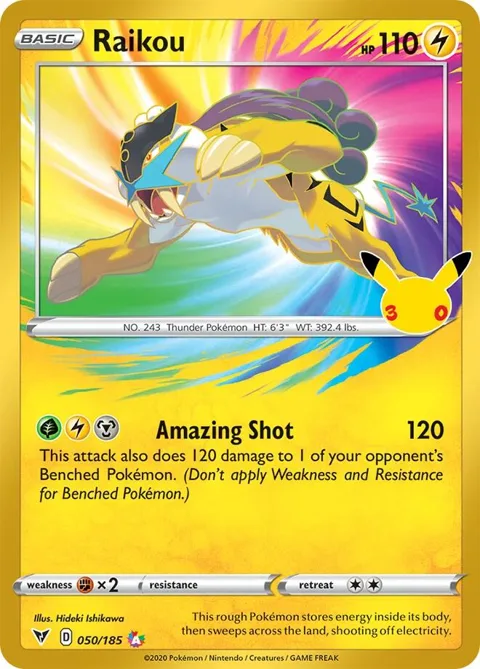 Raikou #050/185 Holofoil Pokémon card from 30th Celebration Classic Collection