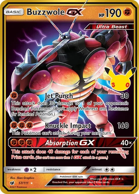 Buzzwole GX #57/111 Holofoil Pokémon card from 30th Celebration Classic Collection