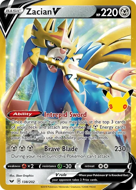 Zacian V #138/202 Holofoil Pokémon card from 30th Celebration Classic Collection