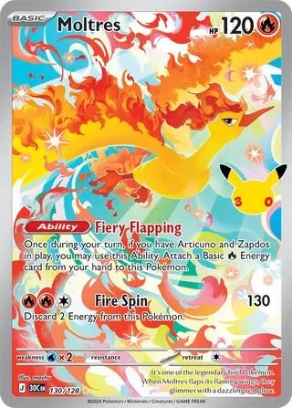 Moltres #130/128 Holofoil Pokémon card from 30th Celebration