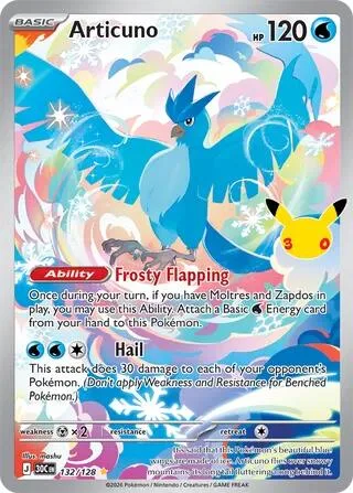 Articuno #132/128 Holofoil Pokémon card from 30th Celebration