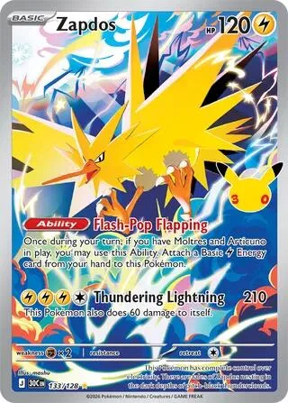 Zapdos #133/128 Holofoil Pokémon card from 30th Celebration
