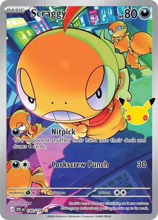 Scraggy #140/128 Holofoil Pokémon card from 30th Celebration