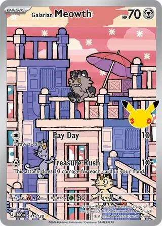 Galarian Meowth #141/128 Holofoil Pokémon card from 30th Celebration