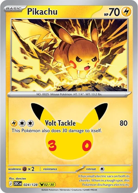 Pikachu #024/128 Holofoil Pokémon card from 30th Celebration