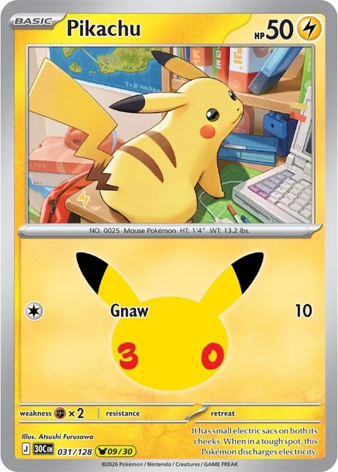 Pikachu #031/128 Holofoil Pokémon card from 30th Celebration