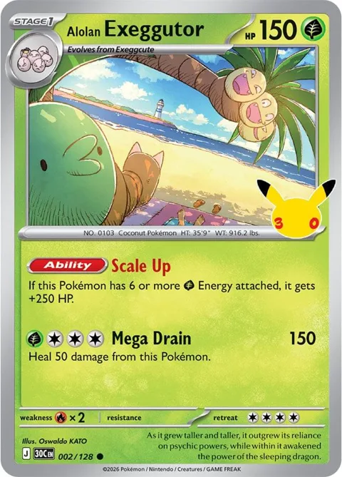 Alolan Exeggutor #002/128 Holofoil Pokémon card from 30th Celebration