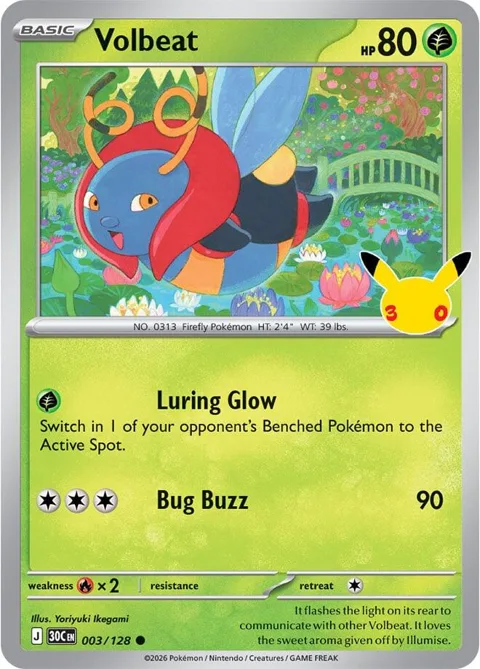 Volbeat #003/128 Holofoil Pokémon card from 30th Celebration