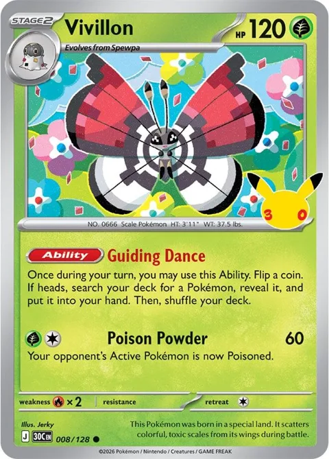 Vivillon #008/128 Holofoil Pokémon card from 30th Celebration