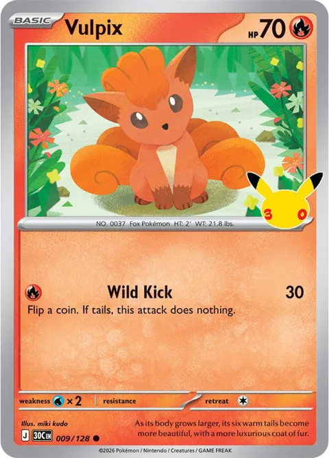 Vulpix #009/128 Holofoil Pokémon card from 30th Celebration