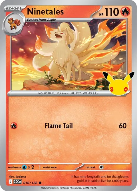 Ninetales #010/128 Holofoil Pokémon card from 30th Celebration