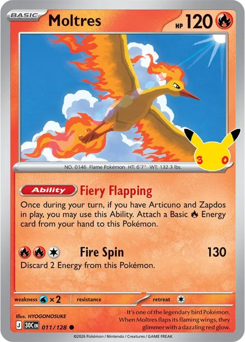 Moltres #011/128 Holofoil Pokémon card from 30th Celebration