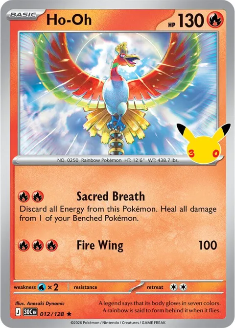 Ho-Oh #012/128 Holofoil Pokémon card from 30th Celebration
