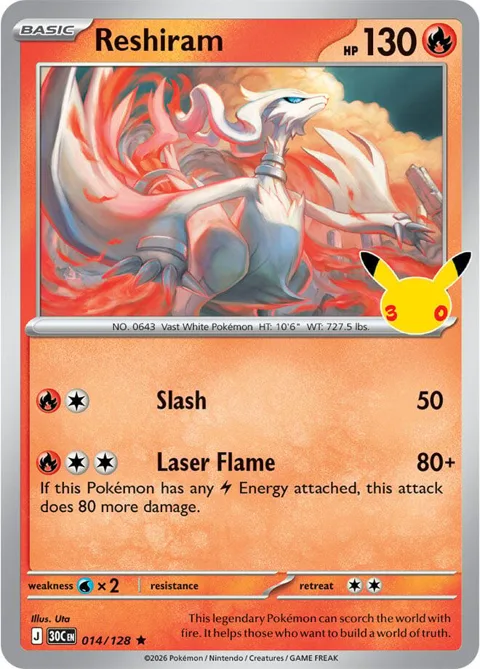 Reshiram #014/128 Holofoil Pokémon card from 30th Celebration