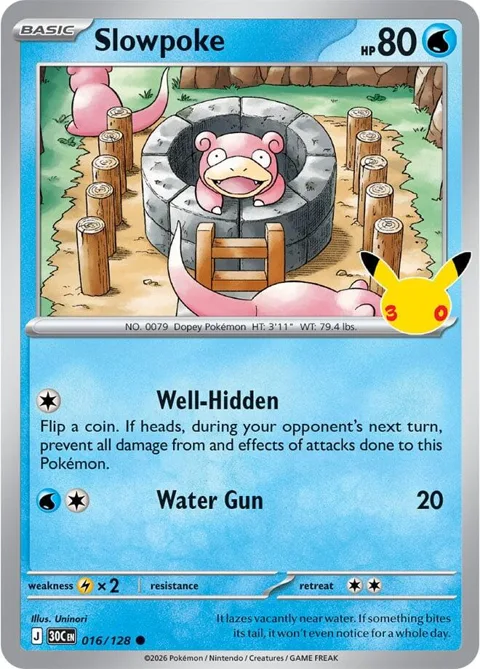 Slowpoke #016/128 Holofoil Pokémon card from 30th Celebration